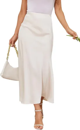 Women's Satin A-Line Midi Skirt High Waisted Flowy Spring Skirts Elegant Cocktail Party Skirts