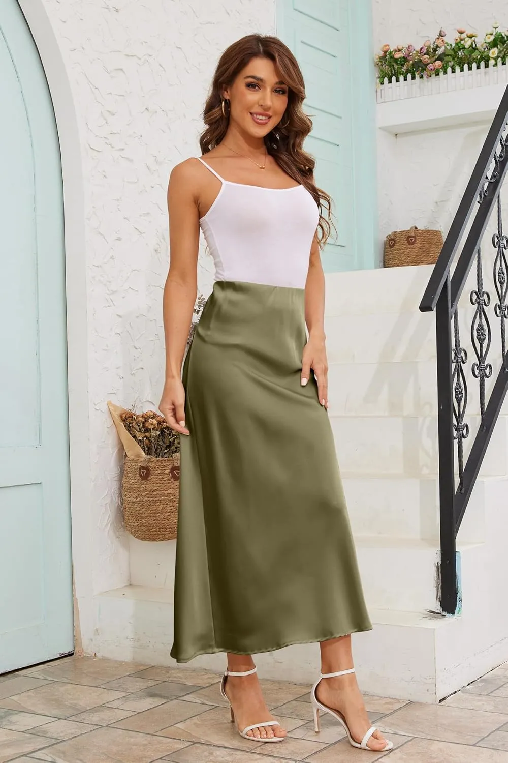 Women's Satin A-Line Midi Skirt High Waisted Flowy Spring Skirts Elegant Cocktail Party Skirts
