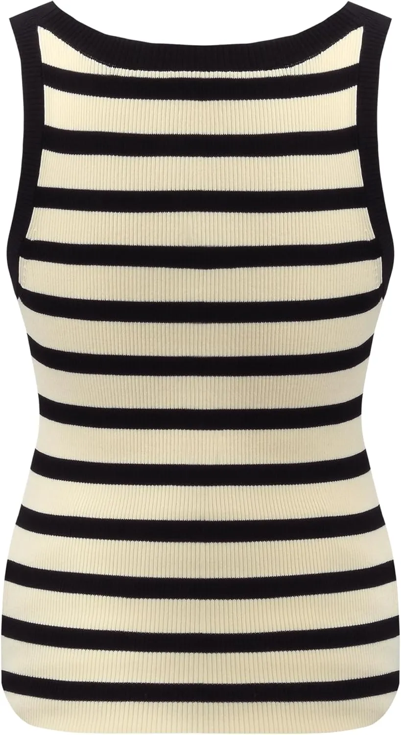 Women's Sleeveless Tank Tops Striped Crew Neck Ribbed Knit Basic Cami Shirts for Daily Casual
