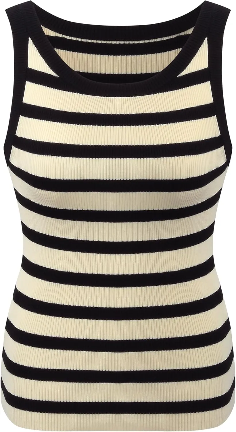 Women's Sleeveless Tank Tops Striped Crew Neck Ribbed Knit Basic Cami Shirts for Daily Casual