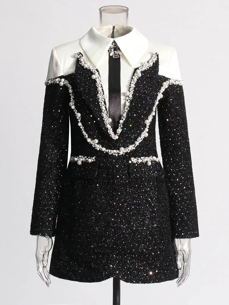 Women's Tuxedo Pearl Embellished Ultra Mini Dress