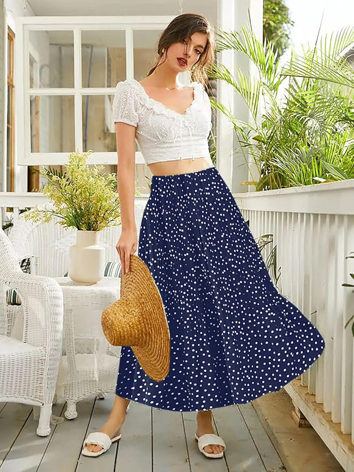 Zeagoo Women's Midi Skirts High Waisted Pleated A-Line Swing Skirts Summer Floral Long Skirts with Pockets