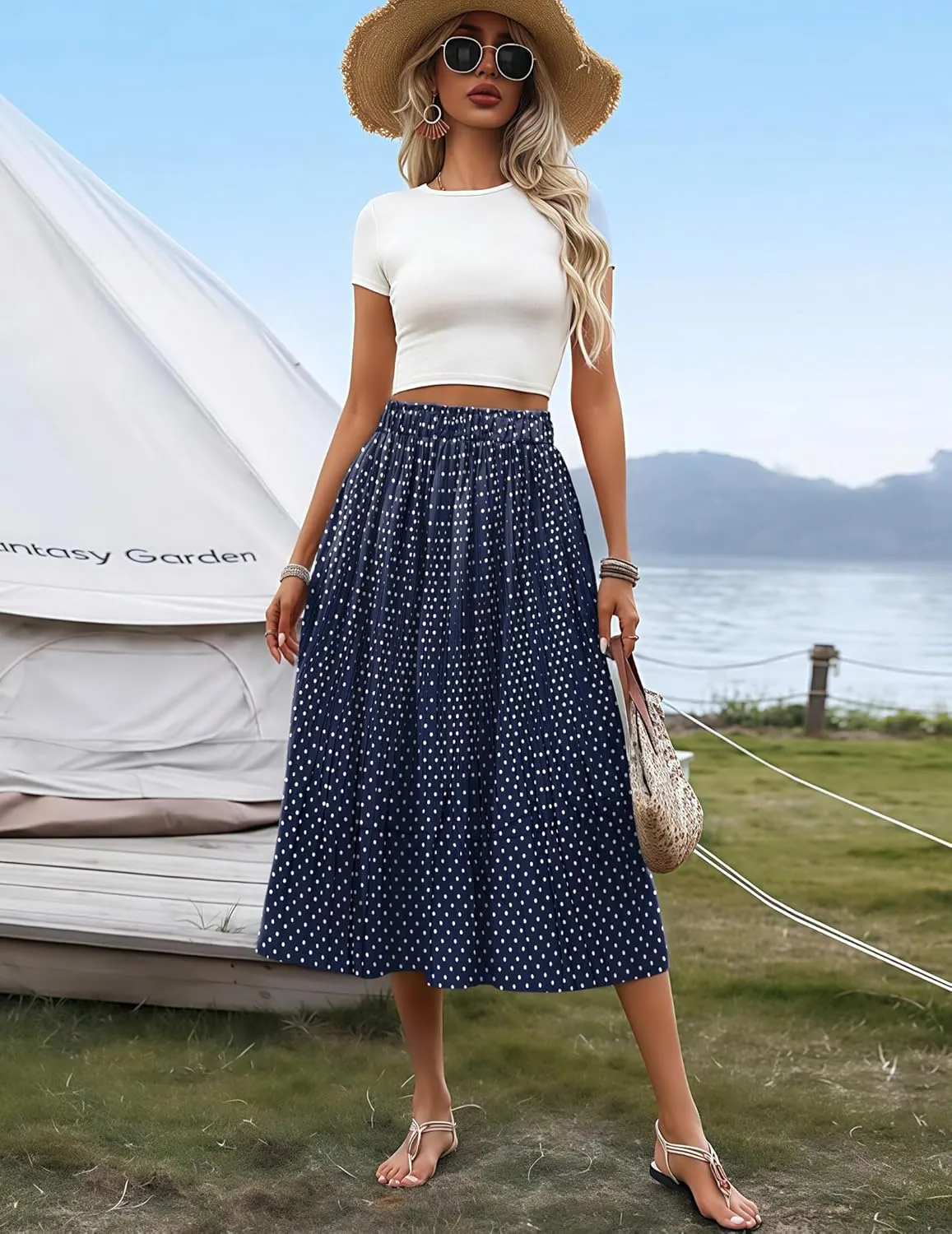 Zeagoo Women's Midi Skirts High Waisted Pleated A-Line Swing Skirts Summer Floral Long Skirts with Pockets