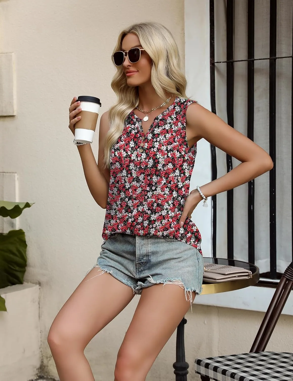 Zeagoo Womens Tank Tops 2025 Loose Button Down V Neck Flowy Summer Tops Basic Trendy Beach Vacation Outfits