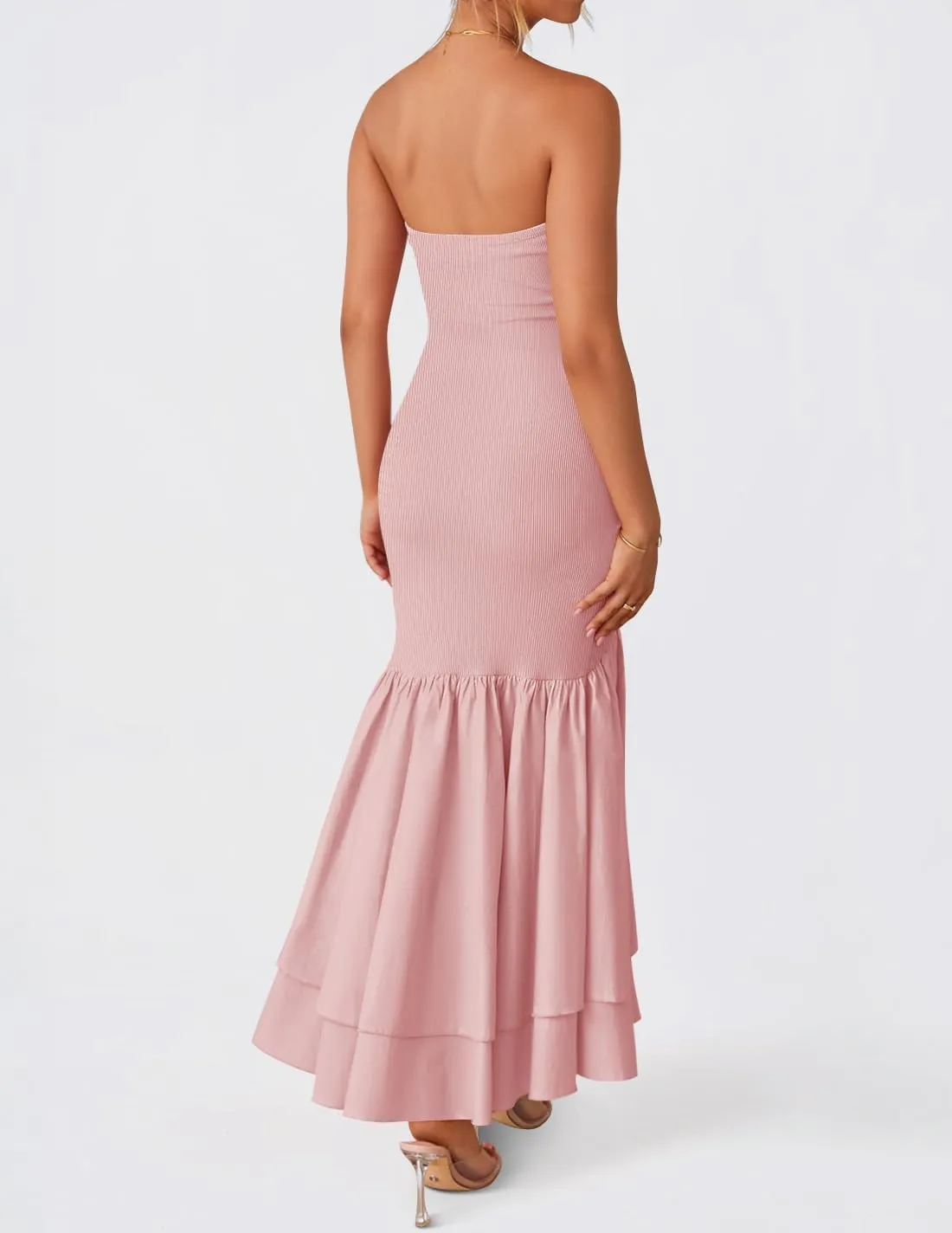 ZESICA Women's 2025 Summer Strapless Bodycon Maxi Dress Ribbed Sexy High Split Mermaid Prom Party Dresses