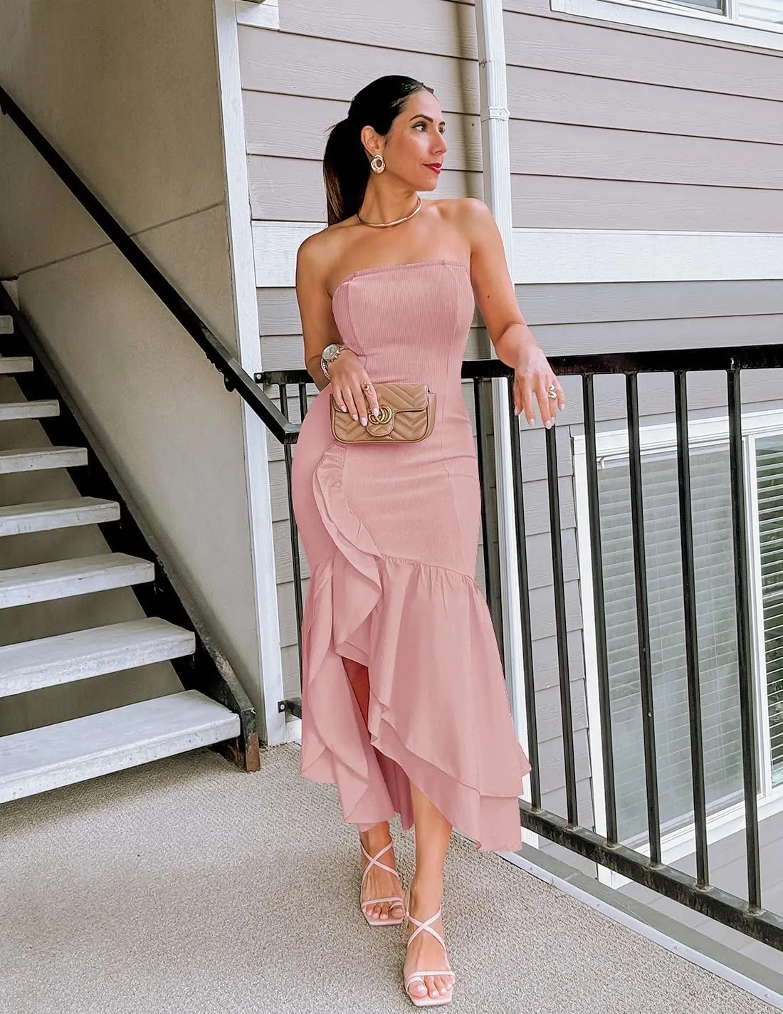 ZESICA Women's 2025 Summer Strapless Bodycon Maxi Dress Ribbed Sexy High Split Mermaid Prom Party Dresses