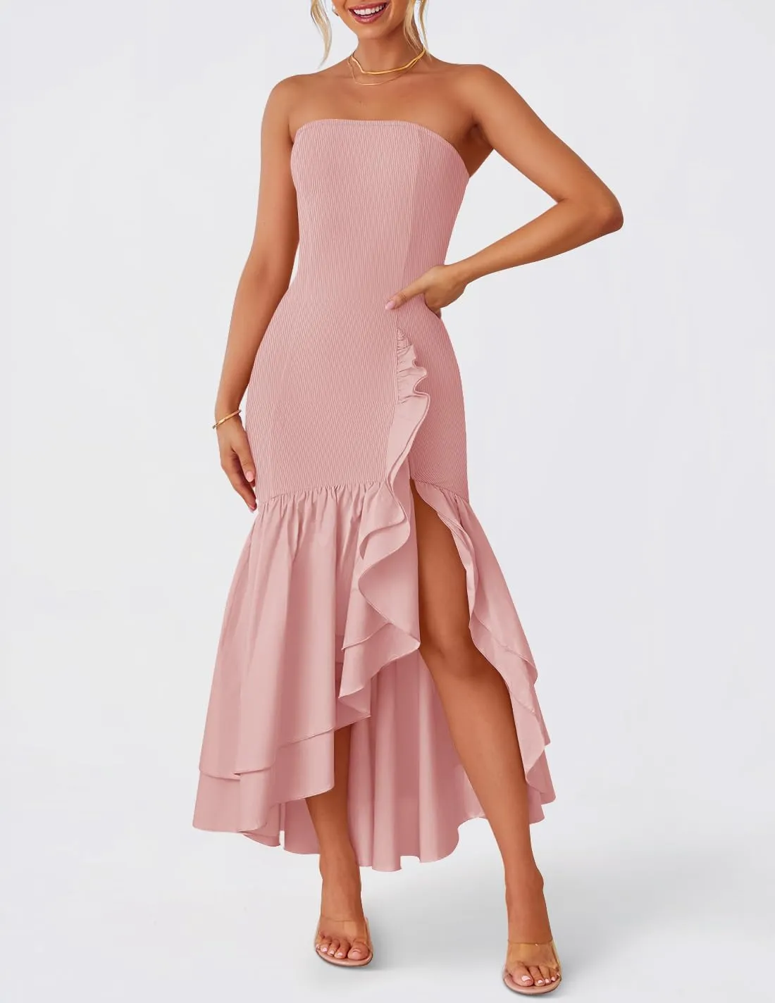 ZESICA Women's 2025 Summer Strapless Bodycon Maxi Dress Ribbed Sexy High Split Mermaid Prom Party Dresses