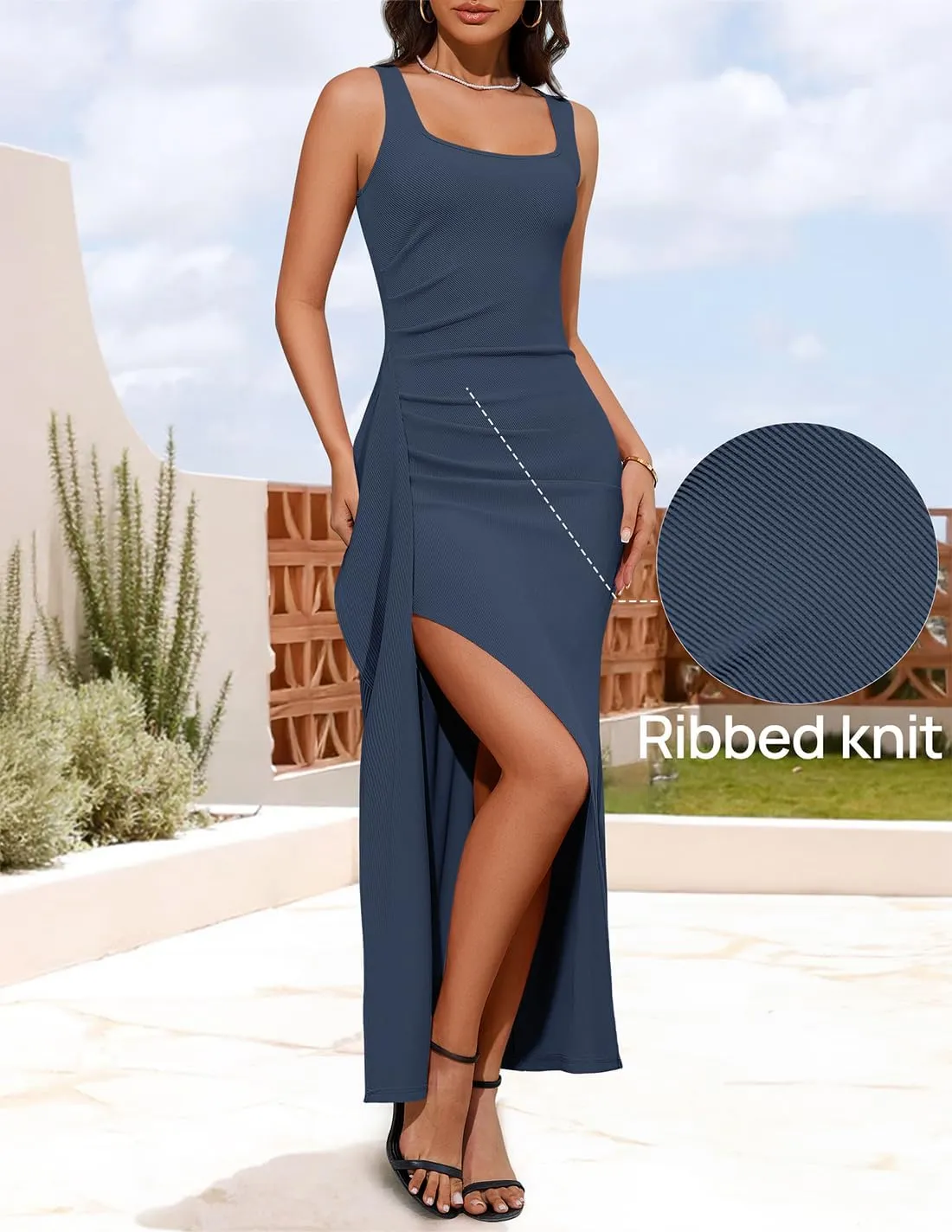 ZESICA Women's Sleeveless Formal Maxi Dresses 2025 Summer Ribbed Square Neck High Split Party Bodycon Long Dress